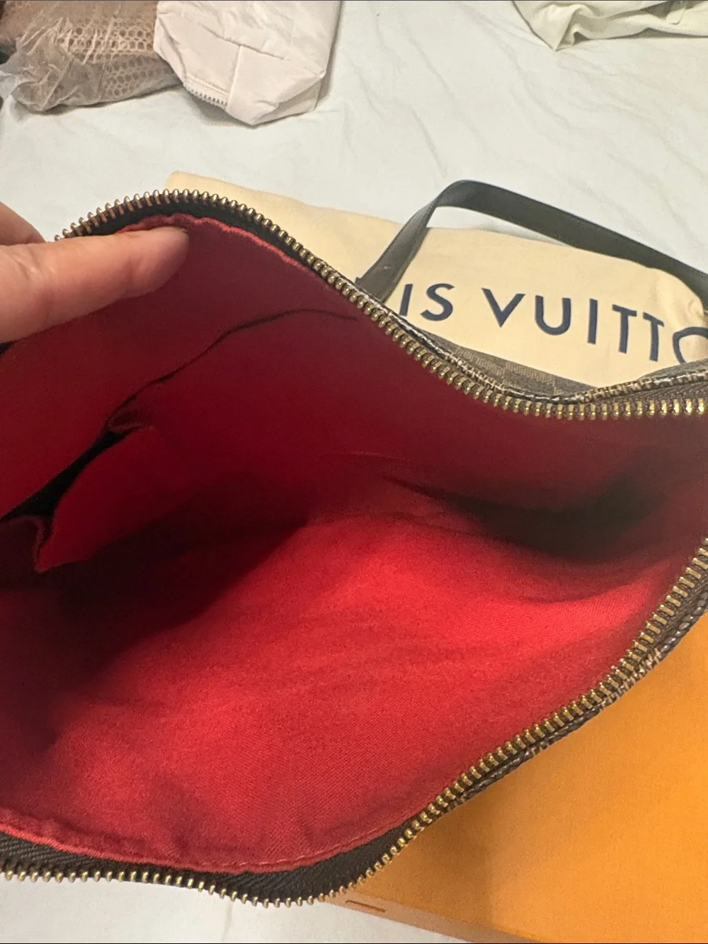 Louis Vuitton Damier Ebene Shoulder Bag with Dark Brown Trim and Gold Hardware